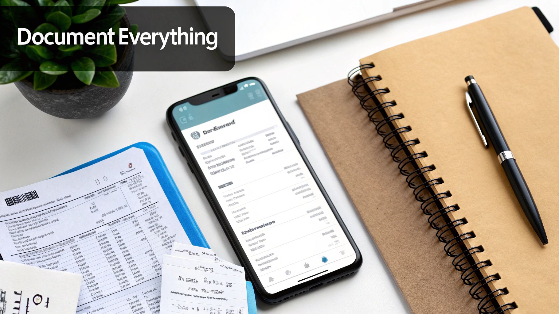 A flat lay of a desk with a smartphone, papers, a notepad, a pen, and a plant, emphasizing documentation.