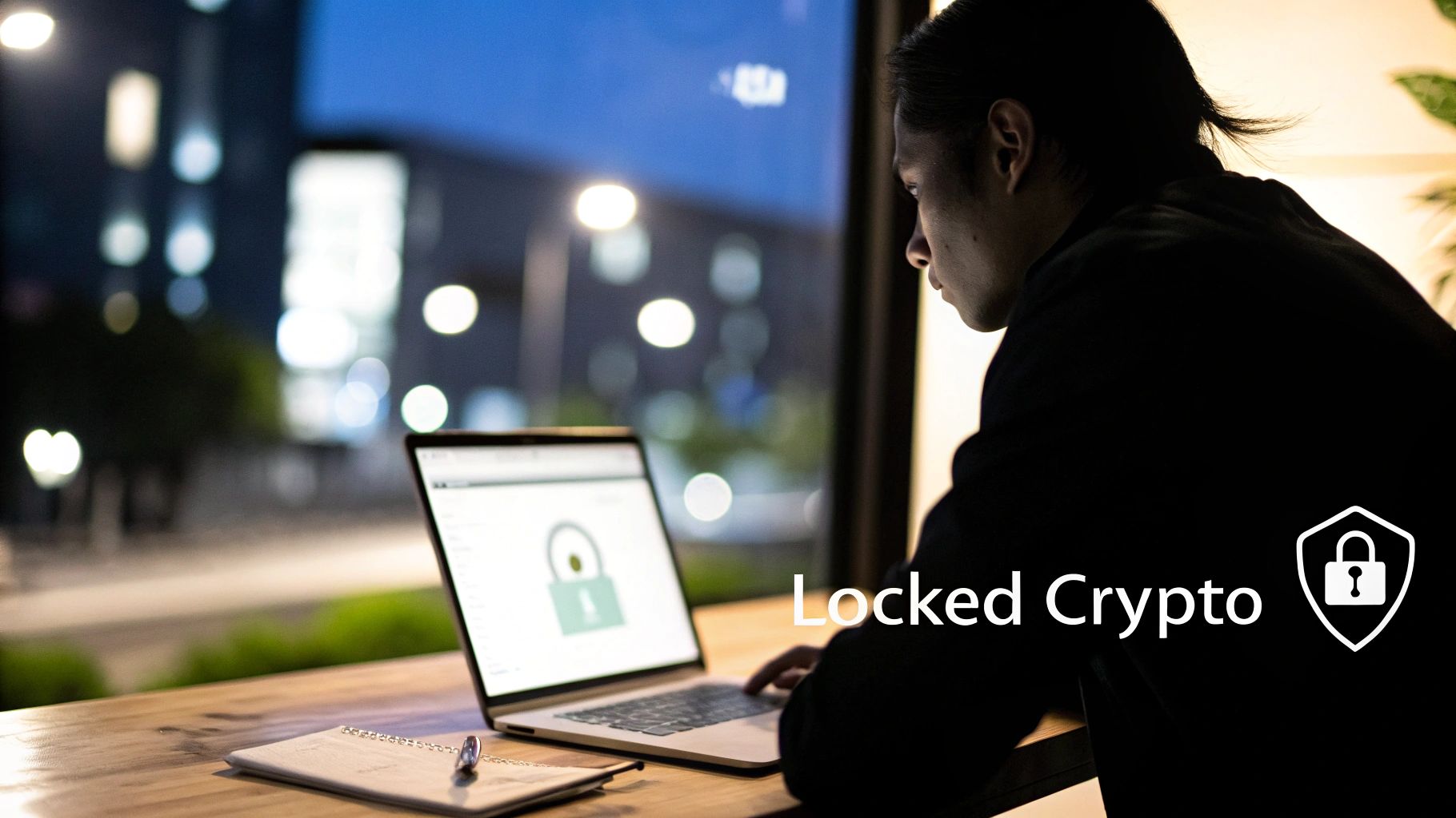 A person intently views a laptop screen displaying a padlock icon, with 'Locked Crypto' text overlaid, indicating digital security.