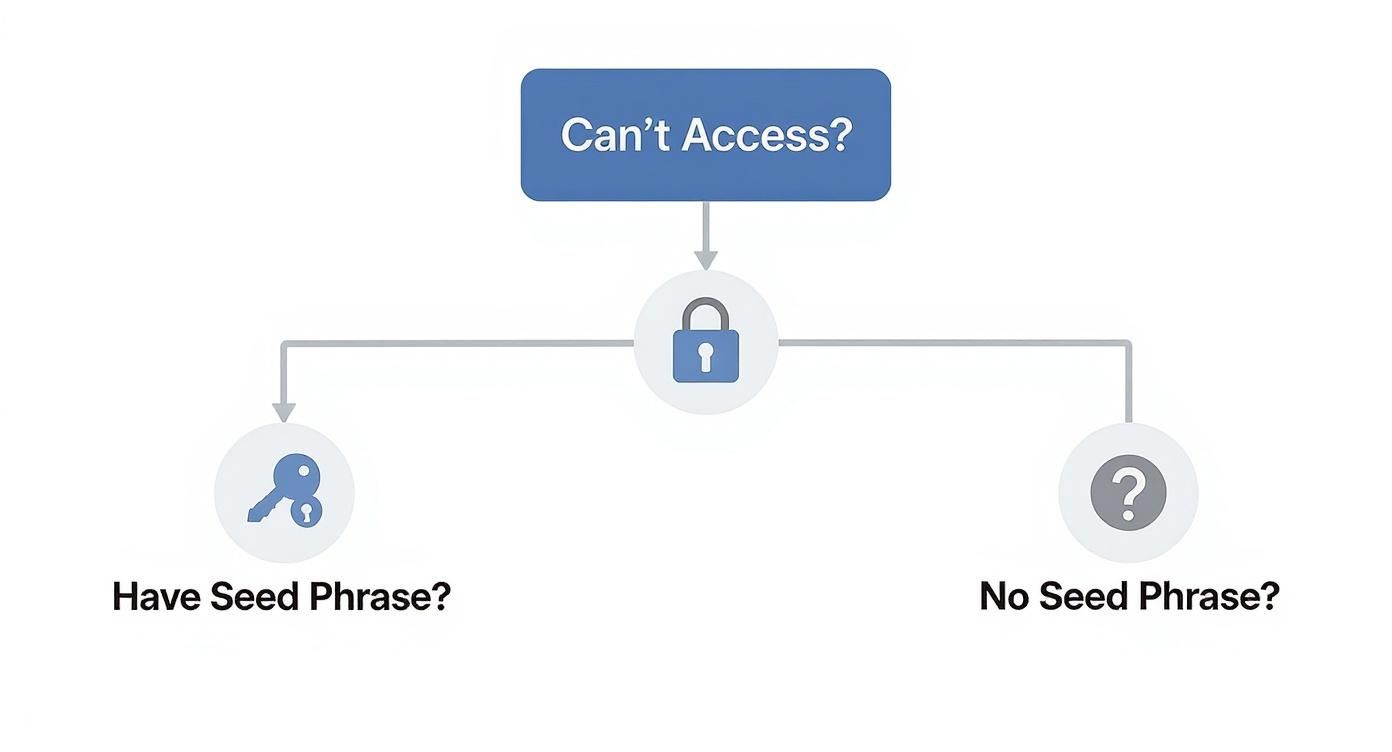 Flowchart showing cryptocurrency wallet recovery options with seed phrase or without seed phrase pathways