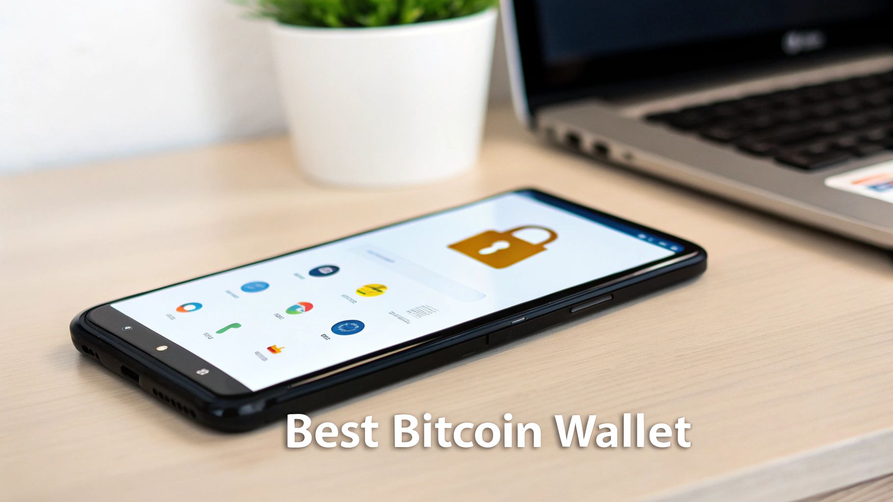 A smartphone on a wooden desk displaying a lock icon and app icons, representing a secure mobile wallet.