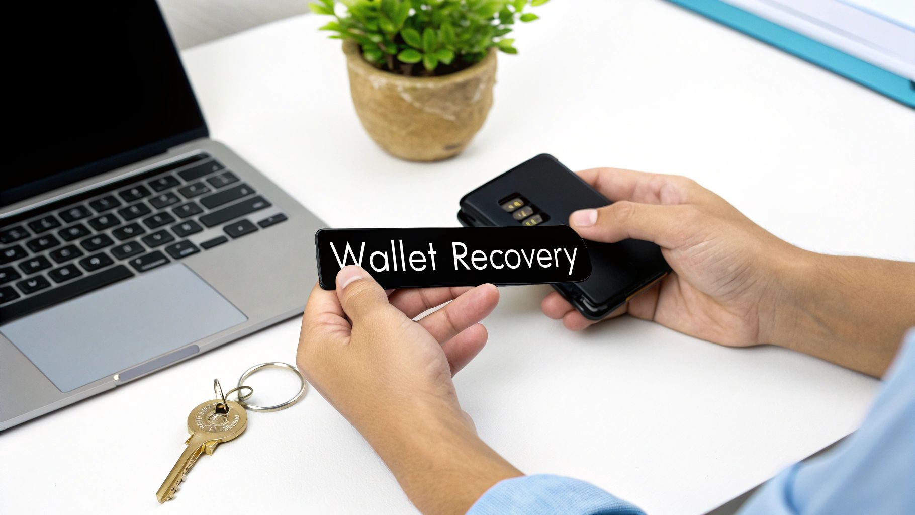 Hands hold a black sign with 'Wallet Recovery' text above a laptop and a key.