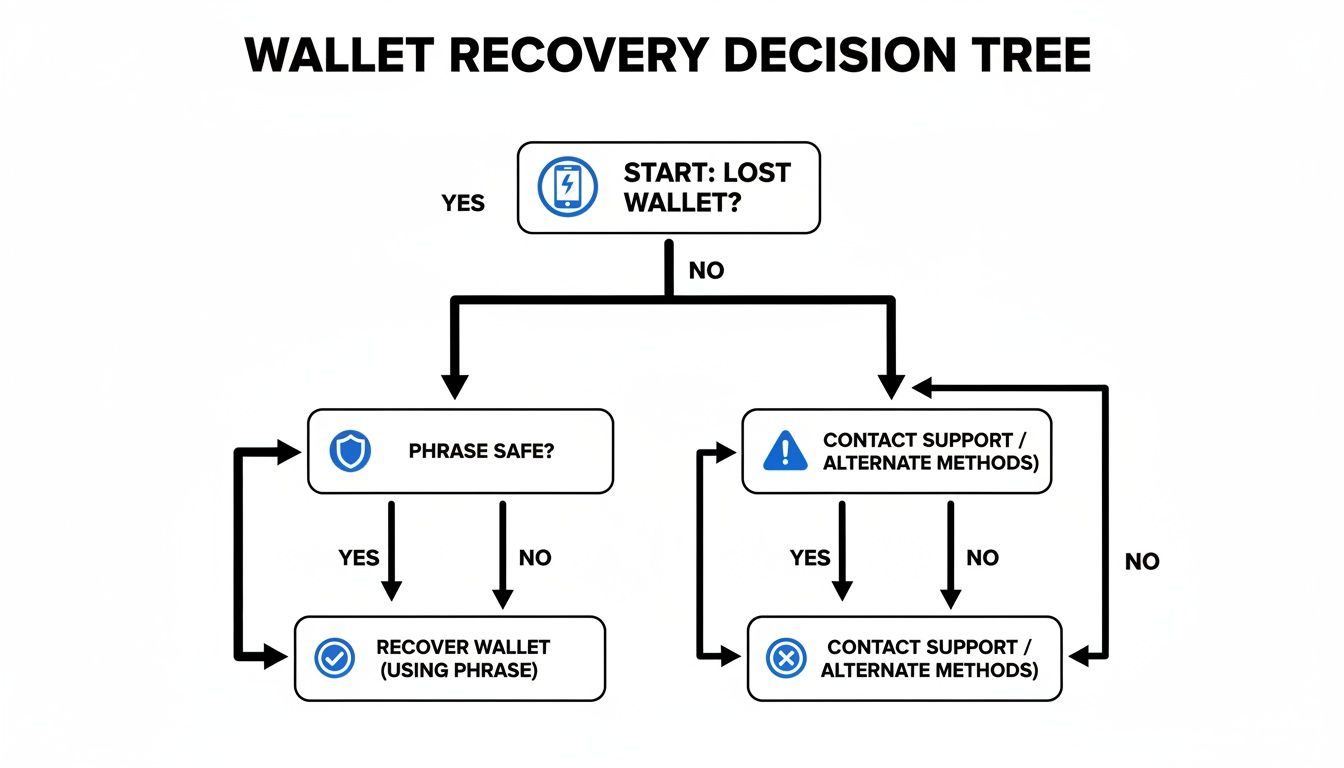 Flowchart showing steps for wallet recovery, starting with 'Lost Wallet?' and options for phrase recovery or contacting support.