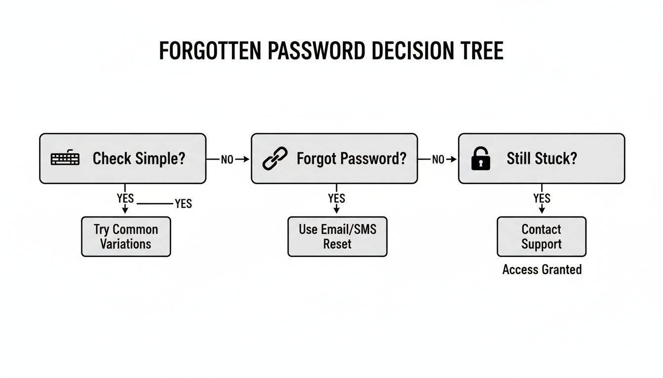 A forgotten password decision tree flowchart showing steps to recover account access.