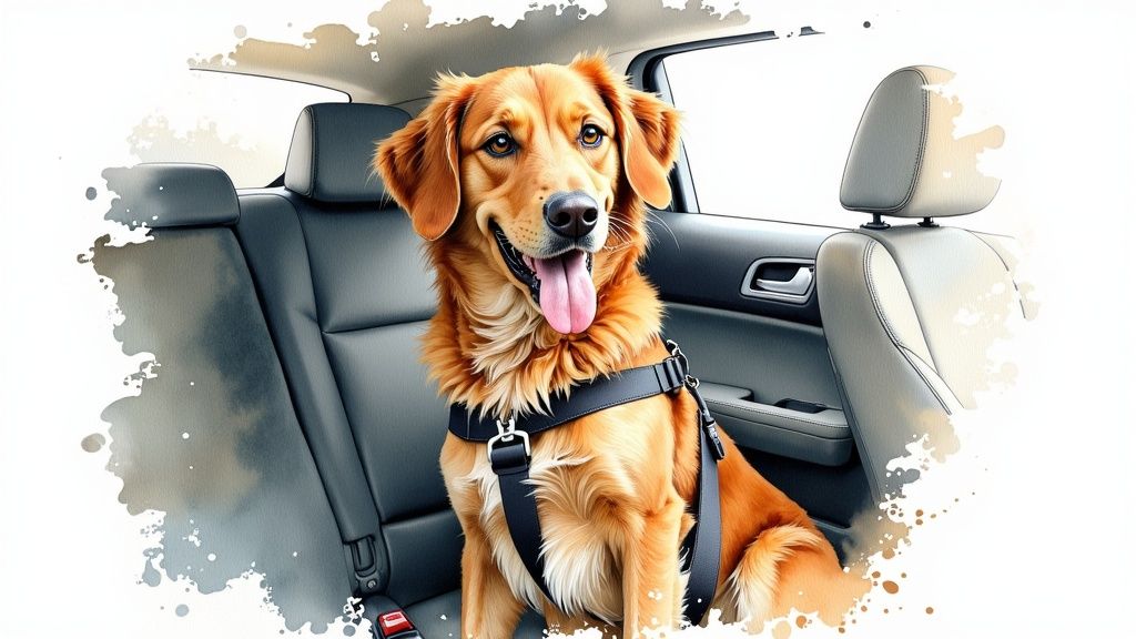 A happy dog sitting next to a packed suitcase and travel carrier, ready for a trip.