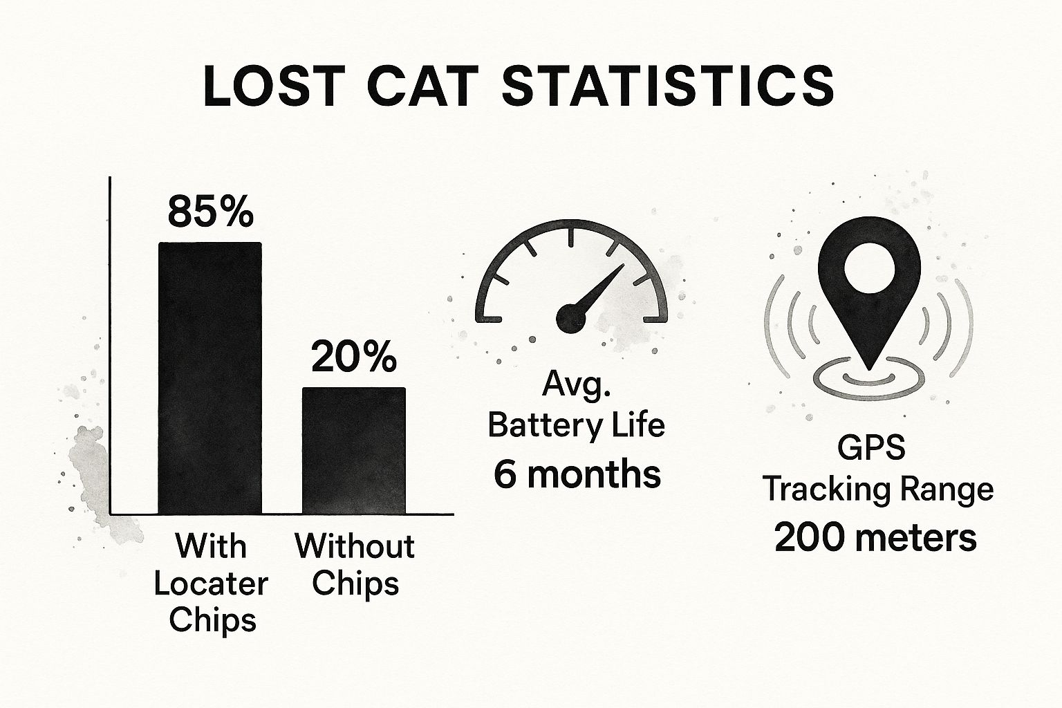 Infographic showing that cats with locator chips have an 85% return rate versus 20% without, with an average GPS tracker battery life of 6 months and a range of 200 meters.