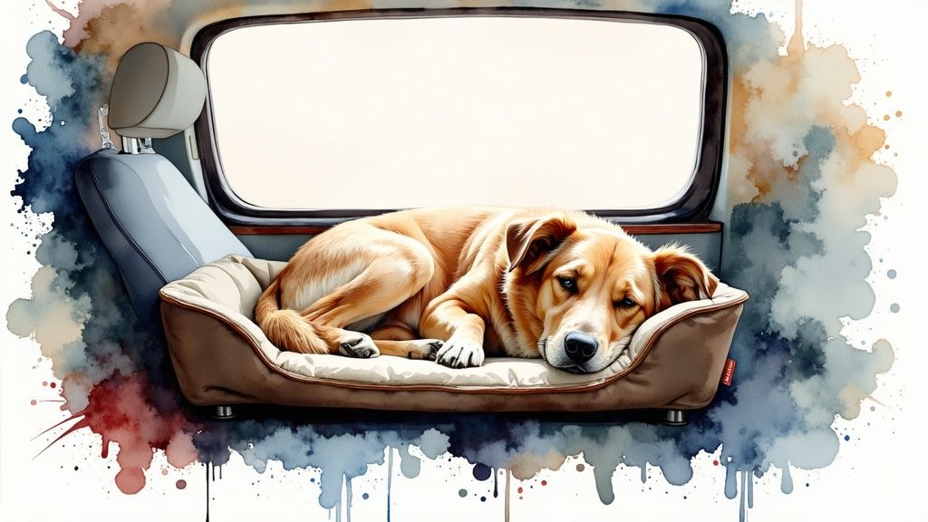 A dog comfortably lying inside an open travel carrier at home.