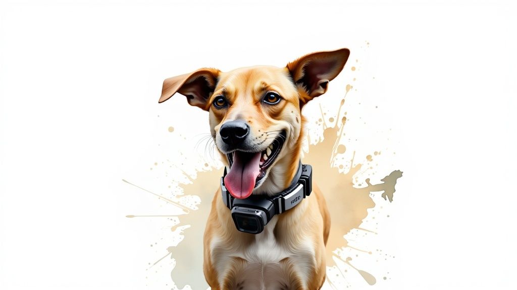 A happy dog wearing a collar with a tracker, looking at the camera.