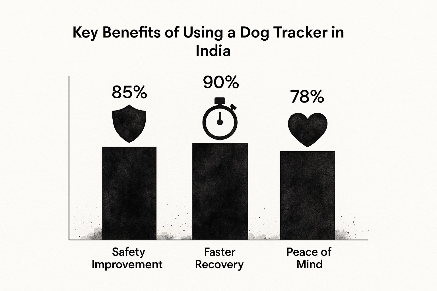 Infographic comparing the top three benefits of using a dog tracker in India: Safety Improvement, Faster Recovery, and Peace of Mind.