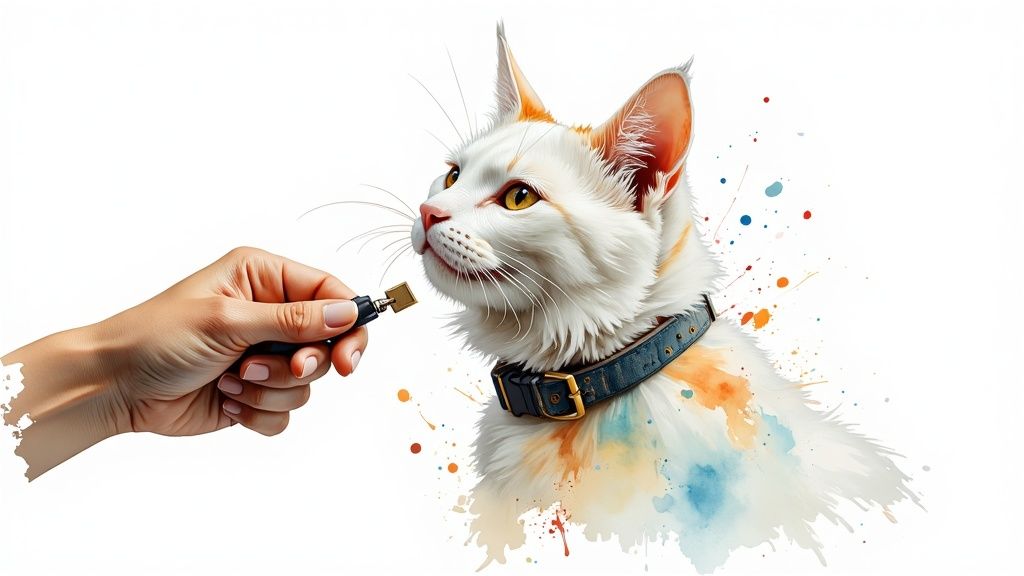 A close-up shot of a cat wearing a collar with a small tracking device attached.