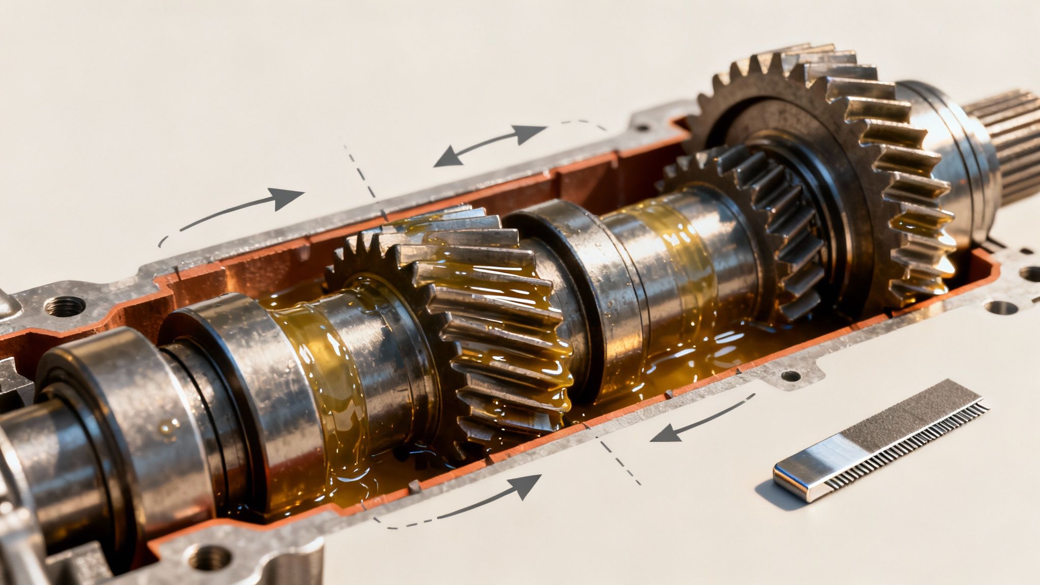 Szczegółowy przekrój skrzyni biegów z metalowymi zębatkami i wałkami zanurzonymi w złotym oleju, symbolizujący smarowanie.