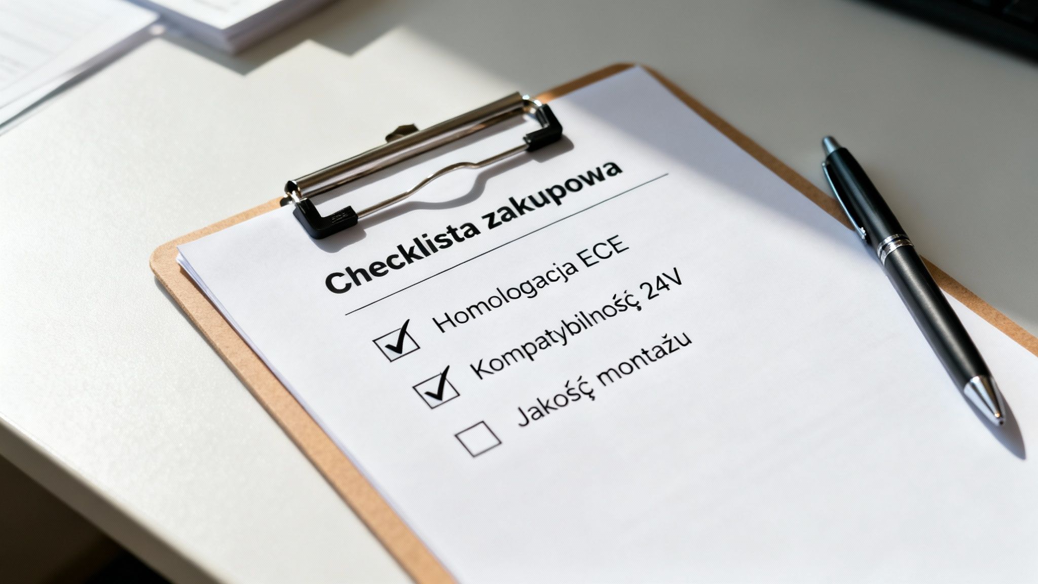 Kartka z listą kontrolną na podkładce, gdzie zaznaczono homologację ECE i kompatybilność 24V, obok długopis.
