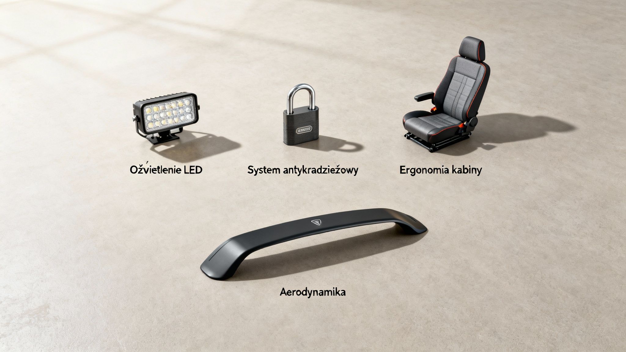 Różnorodne akcesoria do ciężarówek: oświetlenie LED, system antykradzieżowy, ergonomiczny fotel i aerodynamiczny spojler.