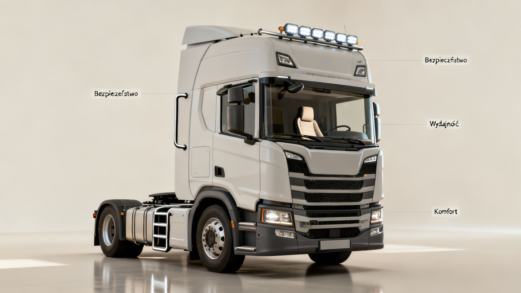 Nowoczesna biała ciężarówka z oświetleniem dachowym, podkreślająca bezpieczeństwo, wydajność i komfort jazdy.
