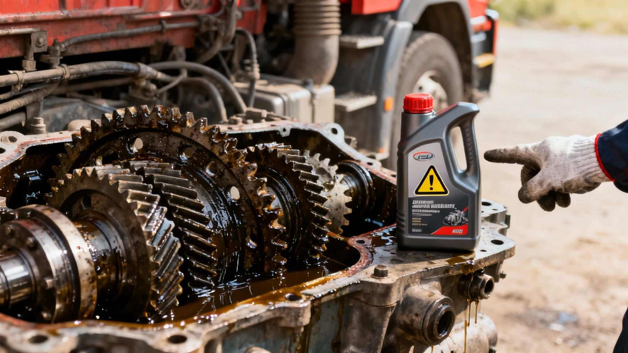 Mechanik wskazuje na butelkę oleju przy otwartej skrzyni biegów ciężarówki, pełnej zużytego oleju i zębatek.