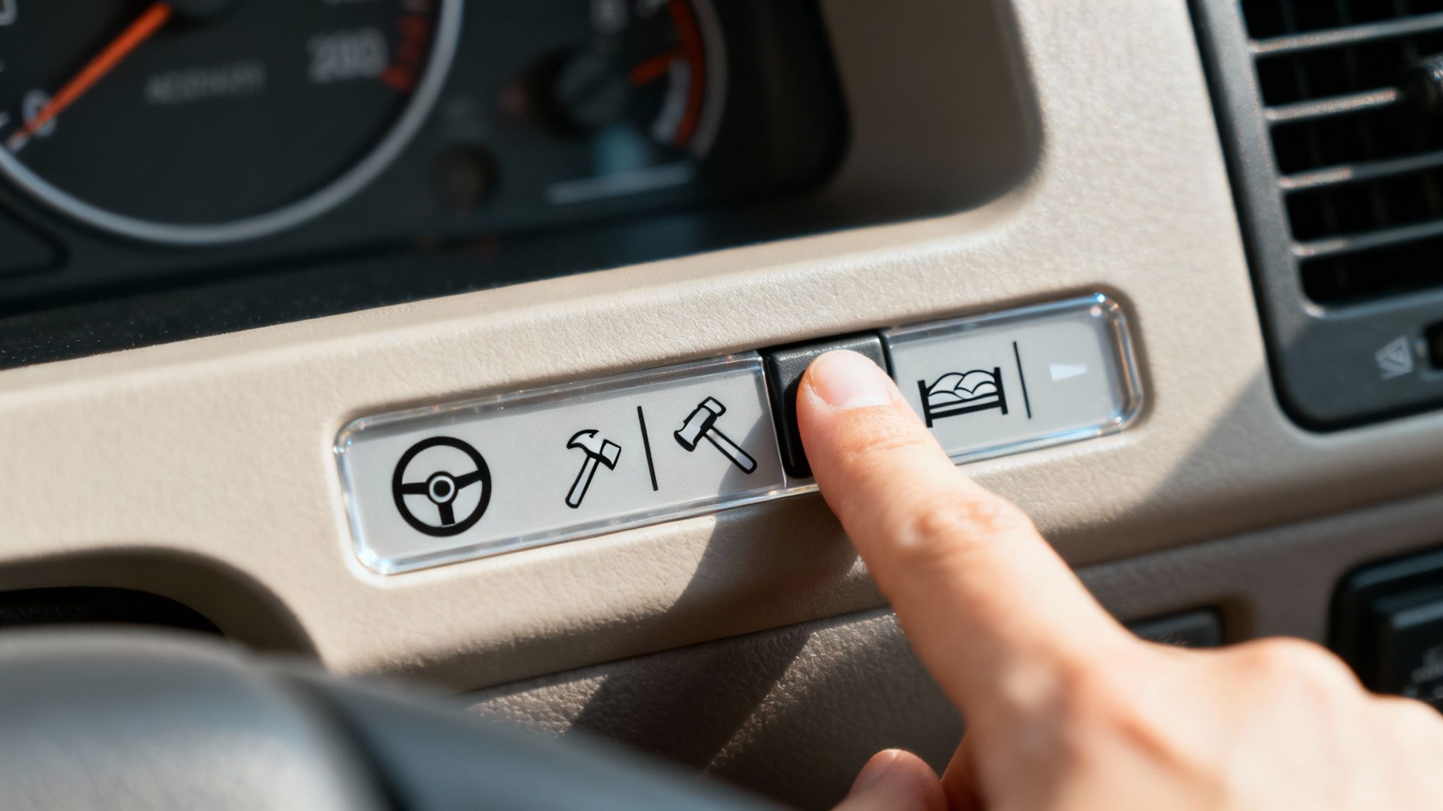 Bliskie ujęcie ręki naciskającej przycisk z symbolem łóżka na panelu cyfrowego tachografu w pojeździe.