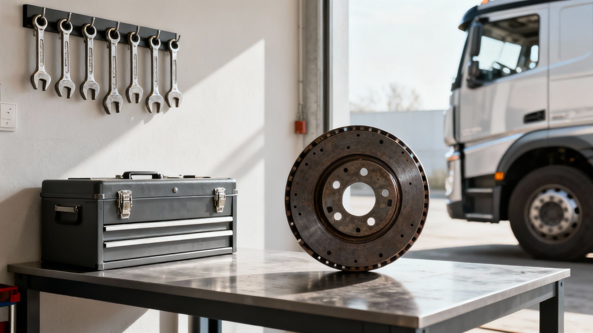 Narzędzia warsztatowe, skrzynka na narzędzia, tarcza hamulcowa i ciężarówka w tle warsztatu samochodowego.