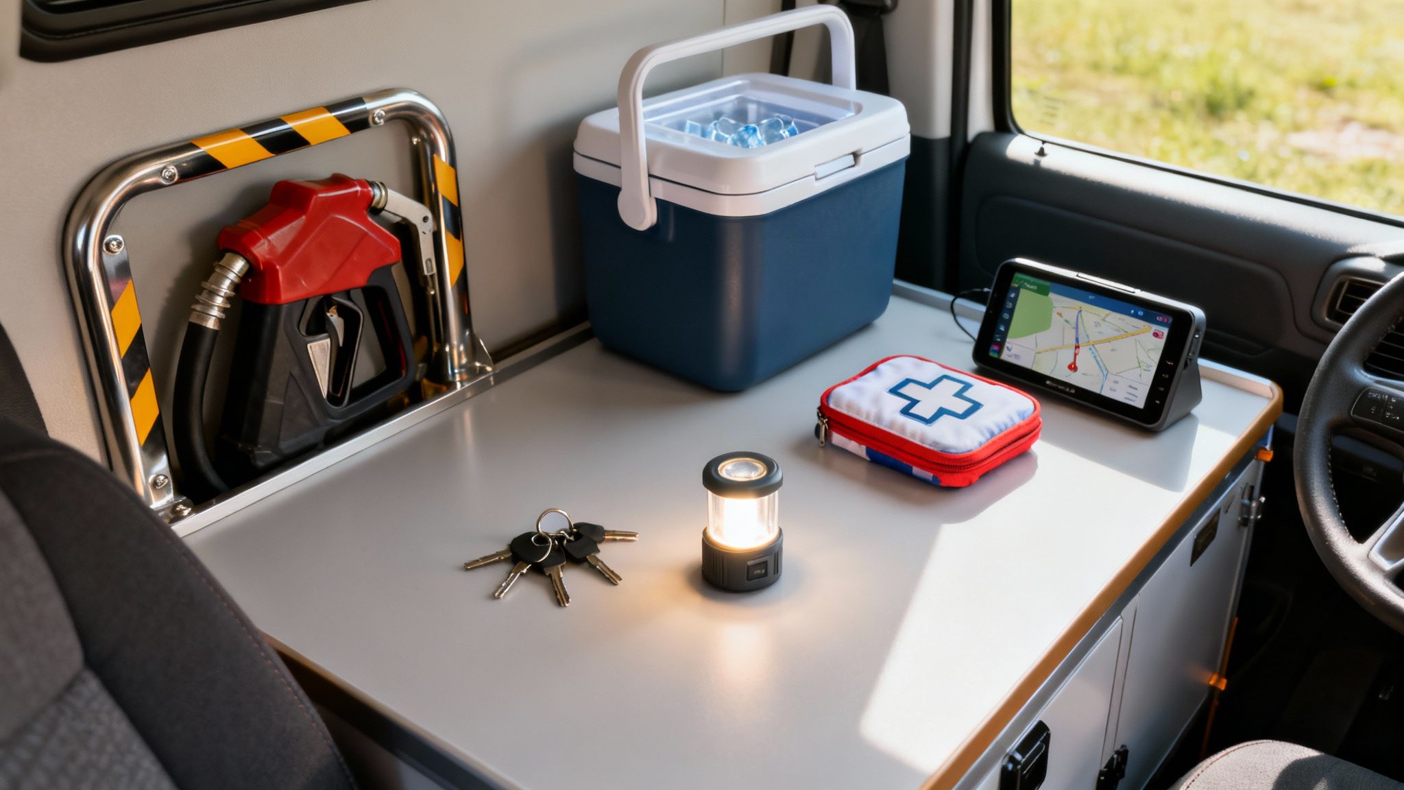 Wnętrze pojazdu z akcesoriami: chłodziarka, apteczka, nawigacja GPS, latarka, klucze i dystrybutor paliwa.