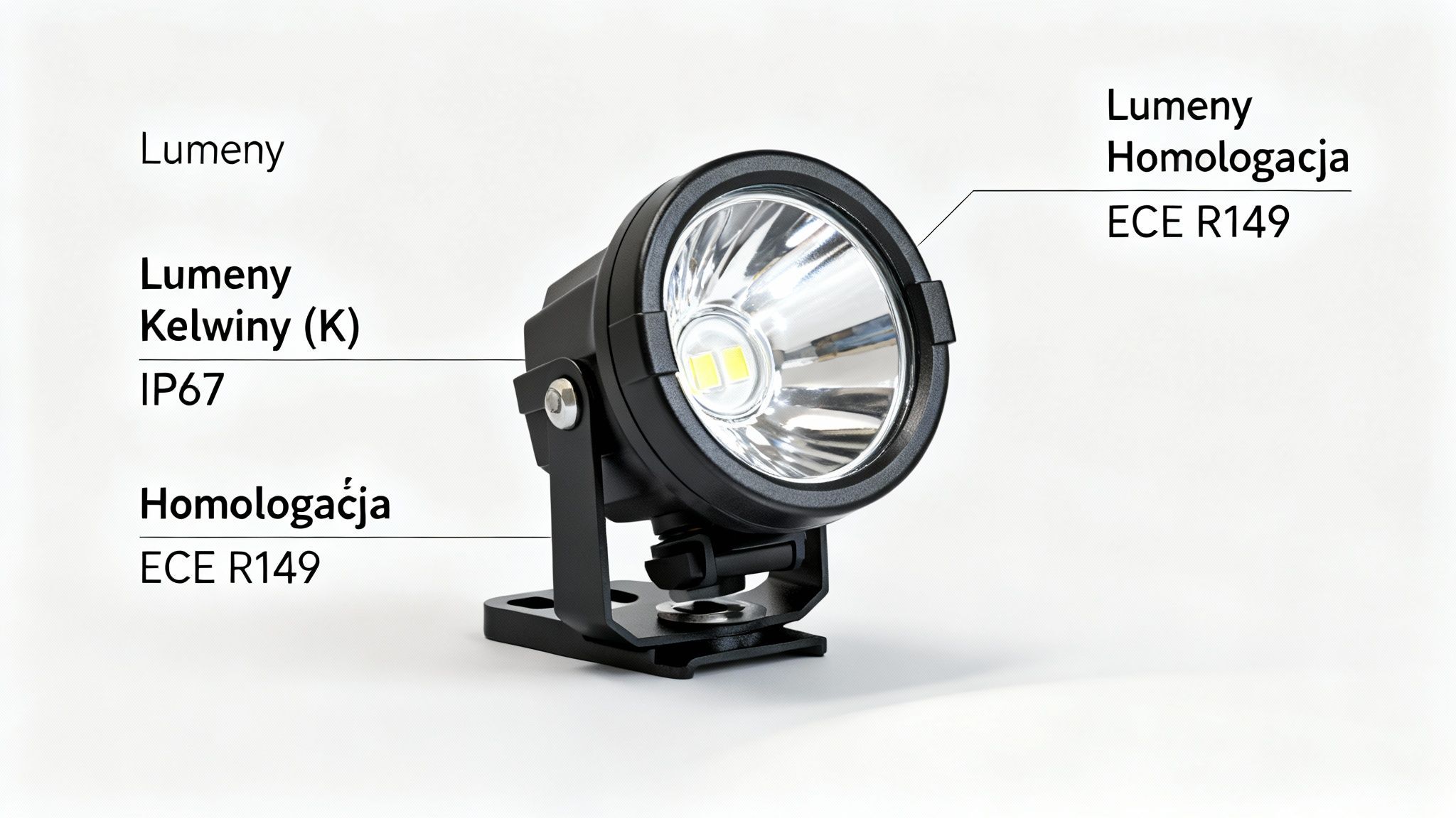 Czarna lampa robocza LED z reflektorem, ukazująca jej specyfikację, w tym lumeny, kelwiny, IP67 i homologację ECE R149.