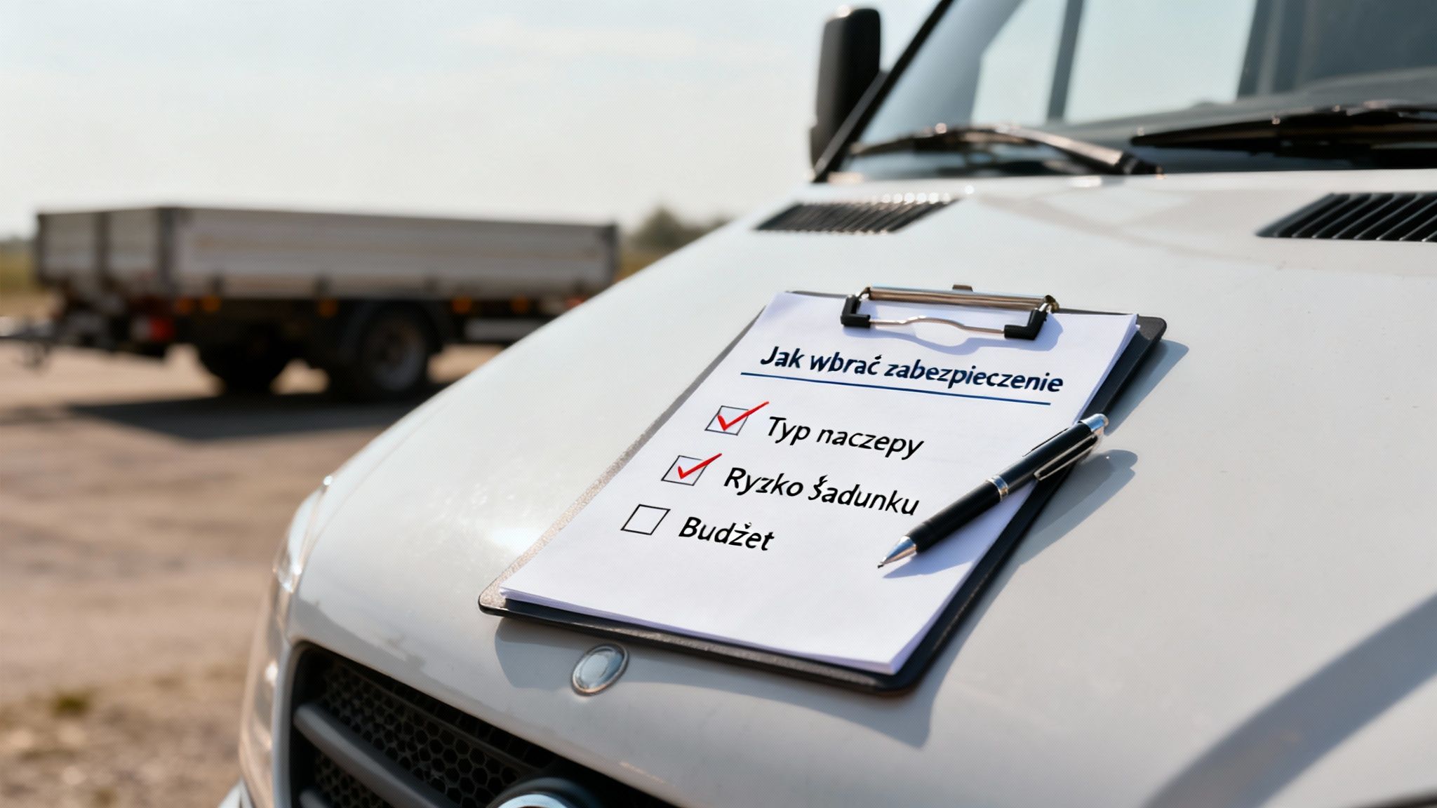 Checklista na masce samochodu z pytaniami o wybór zabezpieczenia, w tym typ naczepy i ryzyko ładunku.