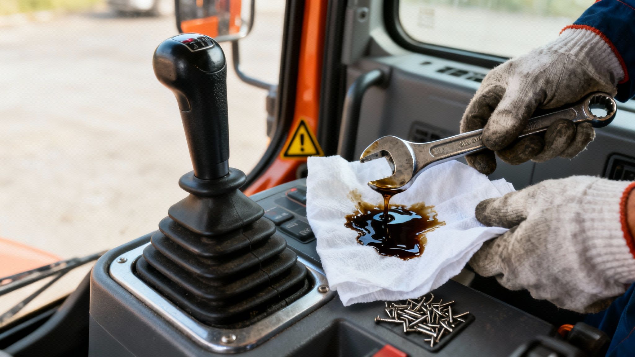 Mechanik w rękawicach sprawdza zużyty olej silnikowy, kapiący z klucza na białej szmatce, w kabinie maszyny.