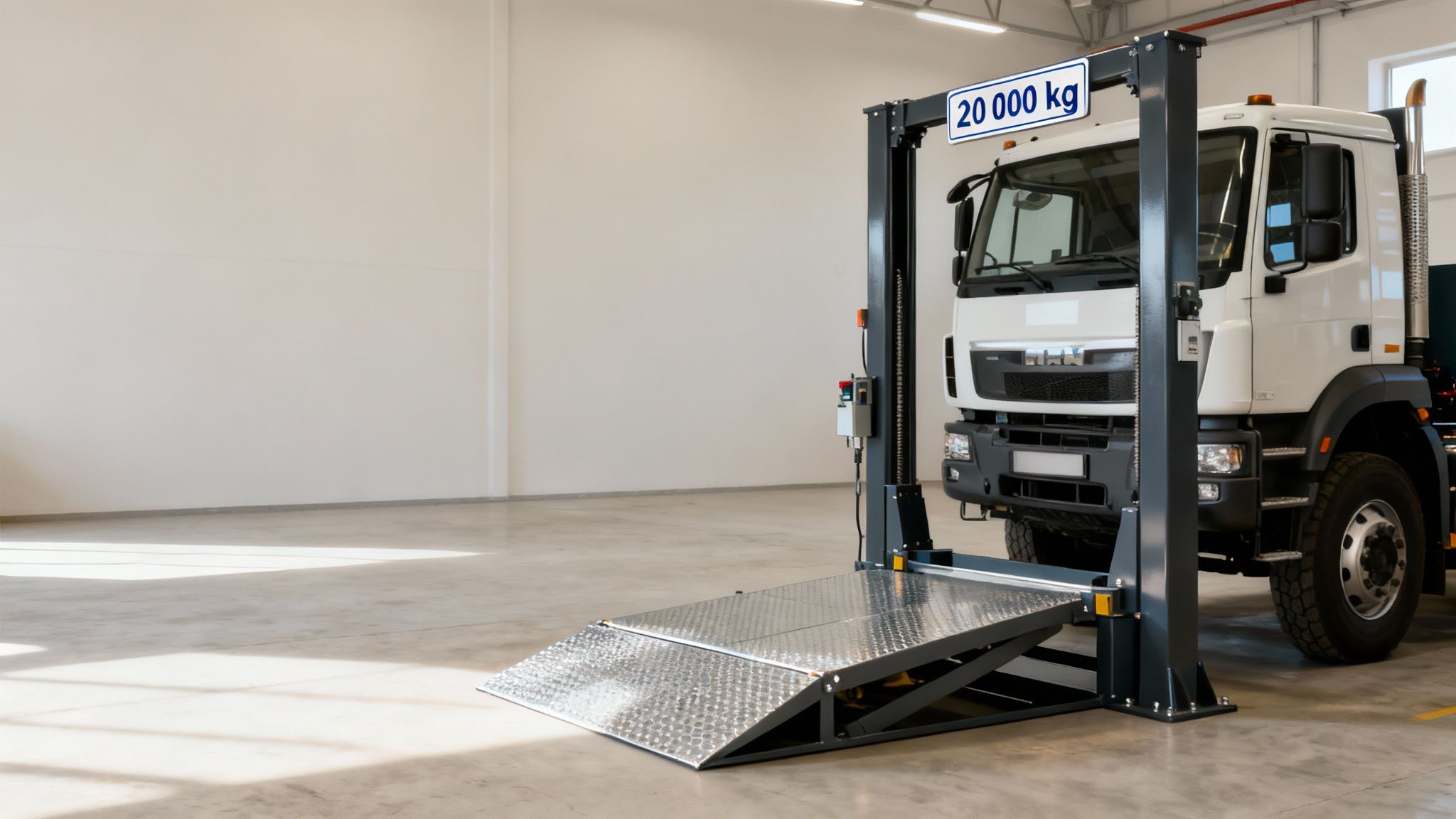 Duża biała ciężarówka stoi na podnośniku samochodowym o nośności 20 000 kg w jasnym warsztacie.