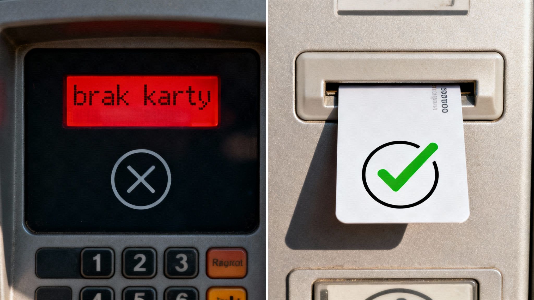 Obraz przedstawia porównanie: po lewej komunikat "brak karty" z krzyżykiem, po prawej włożoną kartę z zielonym znacznikiem wyboru.