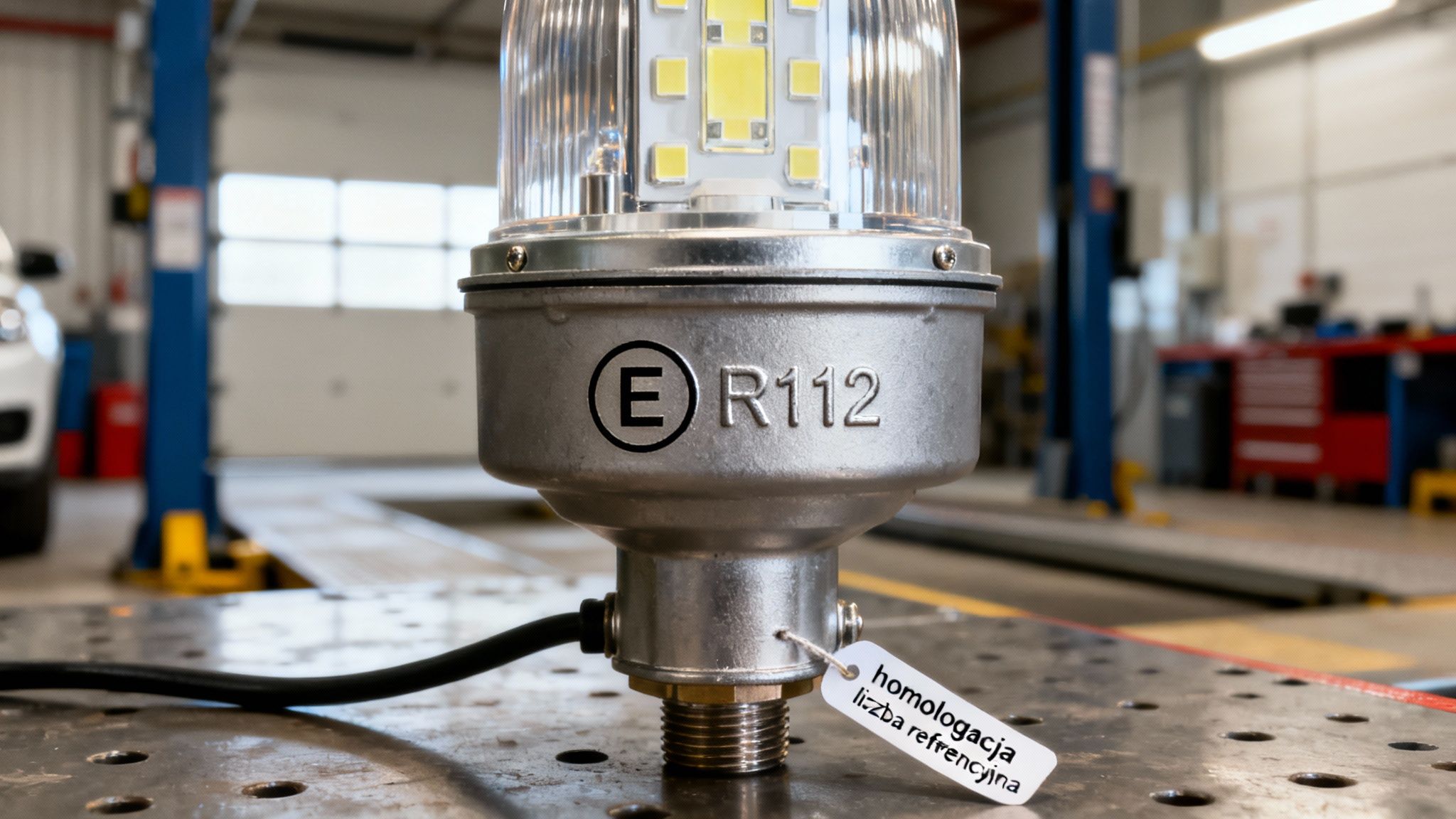 Zbliżenie srebrnej lampy LED z oznaczeniem E R112 i zawieszką w warsztacie samochodowym.