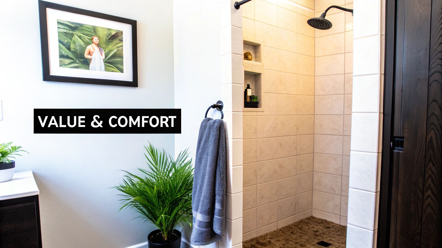 A bright, modern bathroom with a walk-in shower, showcasing a high-end renovation.