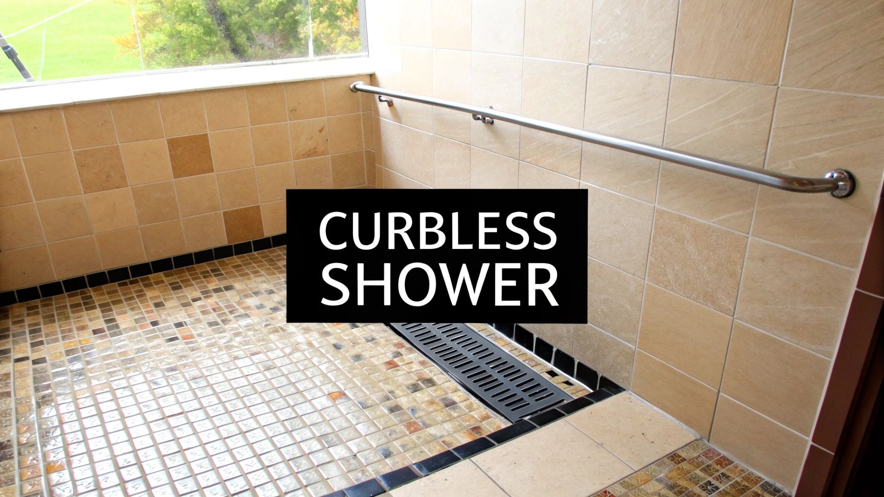 A modern bathroom with a curbless, walk-in shower featuring small hexagonal floor tiles for better grip and slope conformity.