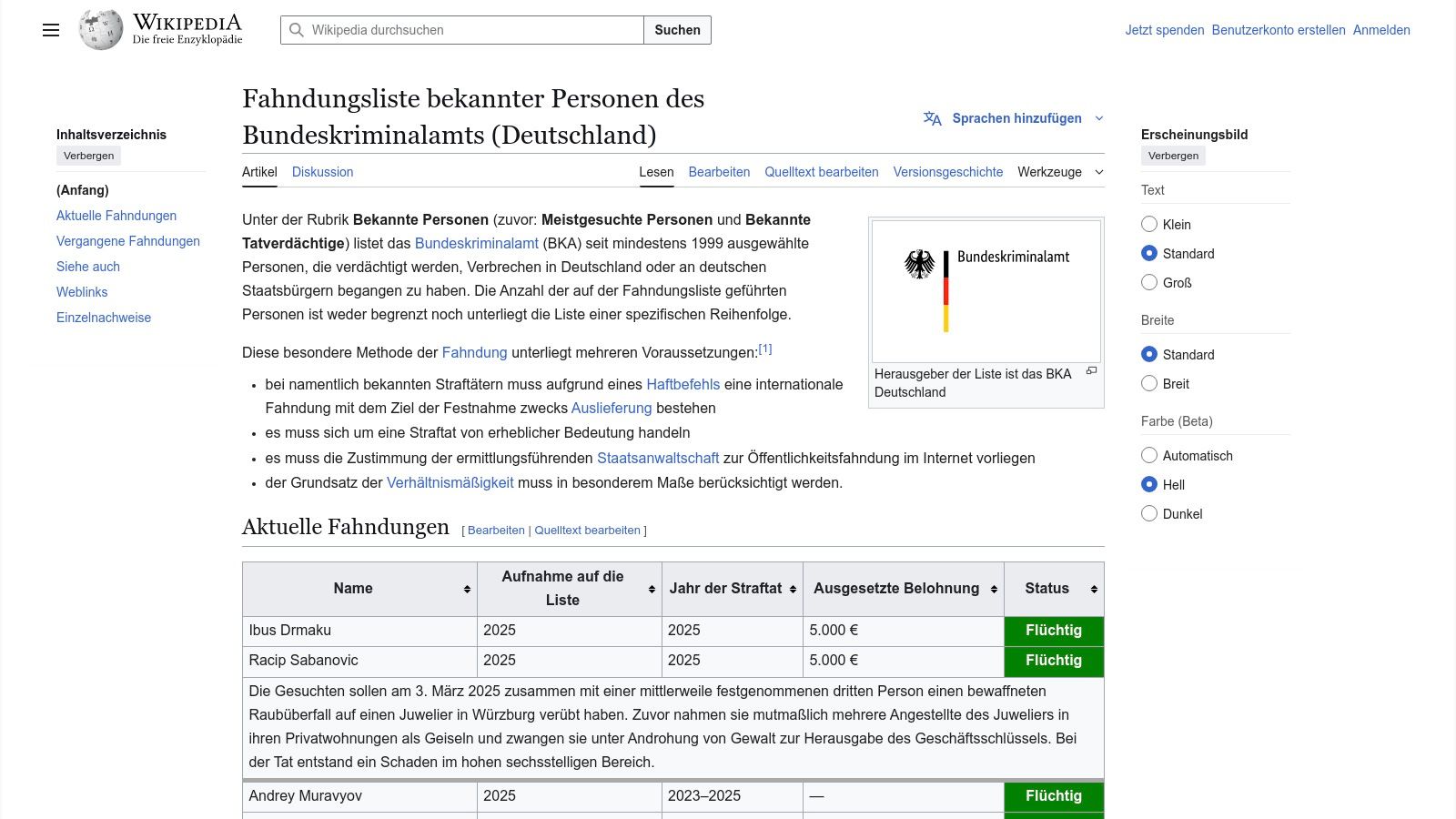 Fahndungsliste des Bundeskriminalamts