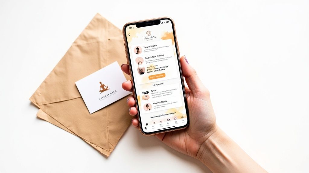 Woman using yoga studio scheduling software on her phone