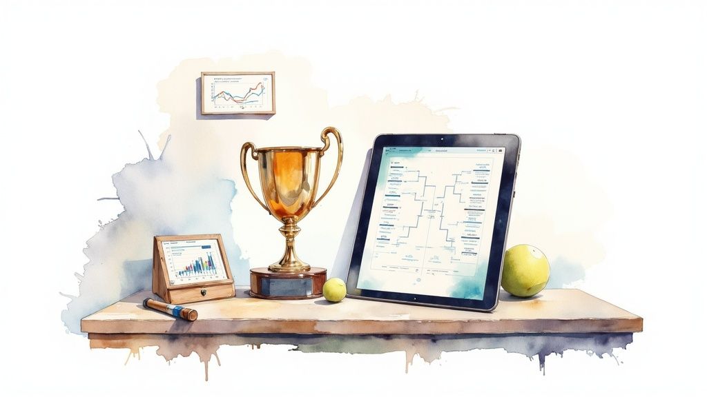 A vibrant tennis tournament in progress, with players competing and spectators watching, illustrating advanced club activities.