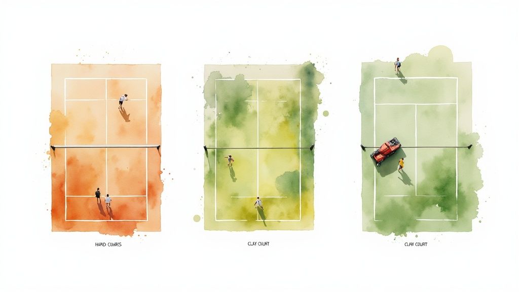 Tennis courts at night under bright lights