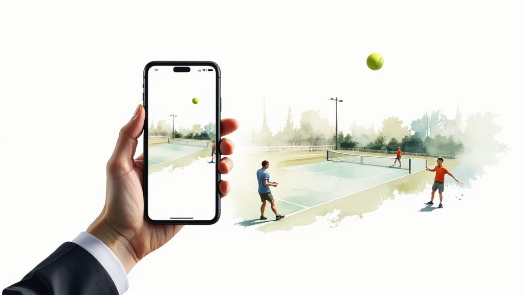 Hand holding smartphone displaying tennis court with players in augmented reality watercolor style