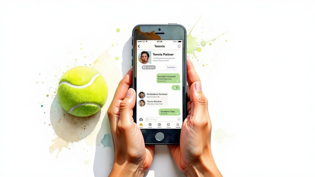 Two tennis players looking at a smartphone on the court