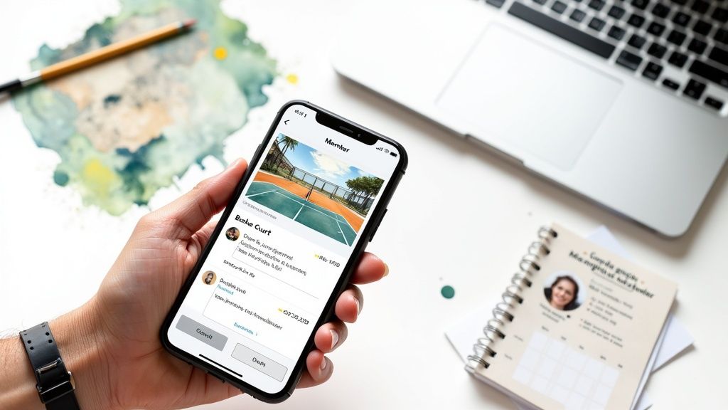 A modern tennis club's front desk with a tablet showing a booking schedule, emphasizing efficiency.