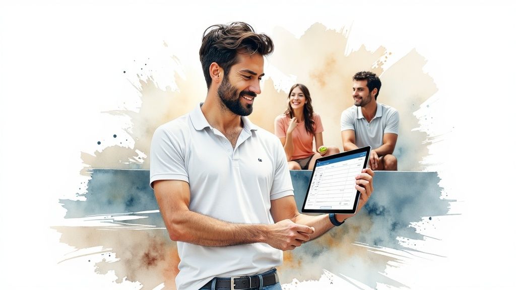 A person managing tennis court bookings on a tablet, showing an organized digital schedule