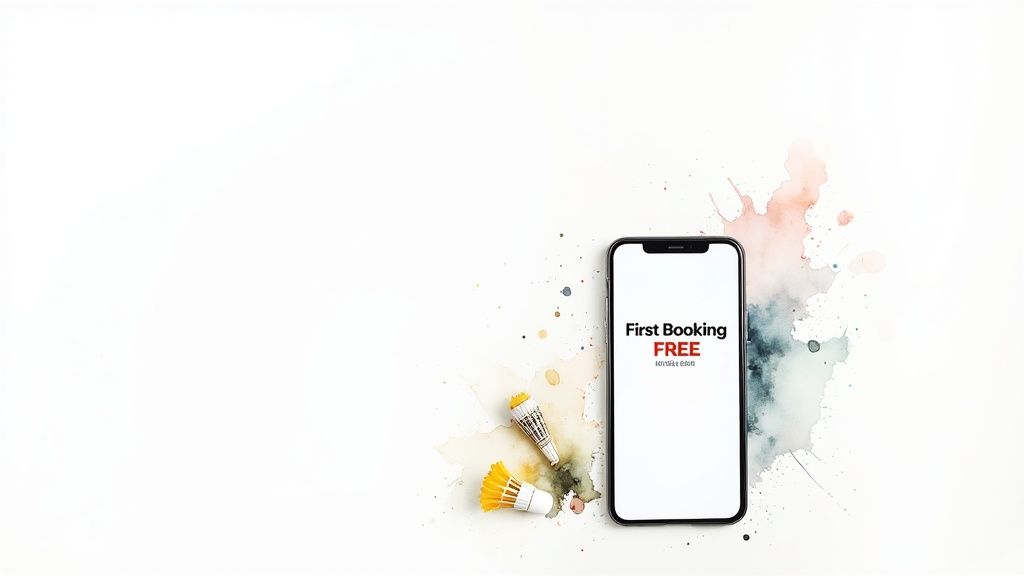 A badminton shuttlecock resting on the strings of a racquet on a court.