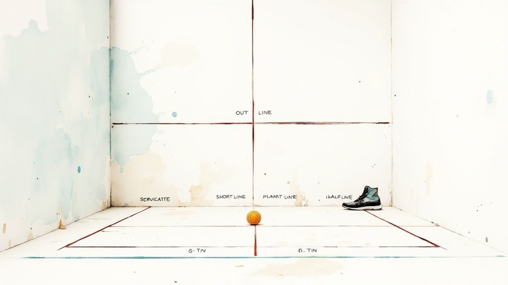 Two pairs of players engaged in a fast-paced doubles squash match on a large court