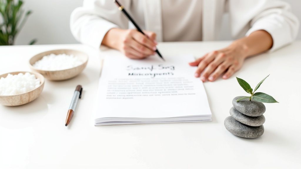 Woman analyzing charts on a laptop in a modern office setting.