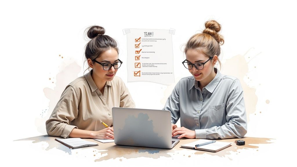 A person working on a laptop, planning a project timeline on a whiteboard.