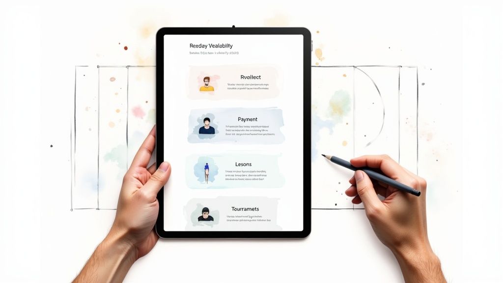 Person holding tablet displaying tennis court booking system interface with hand holding stylus