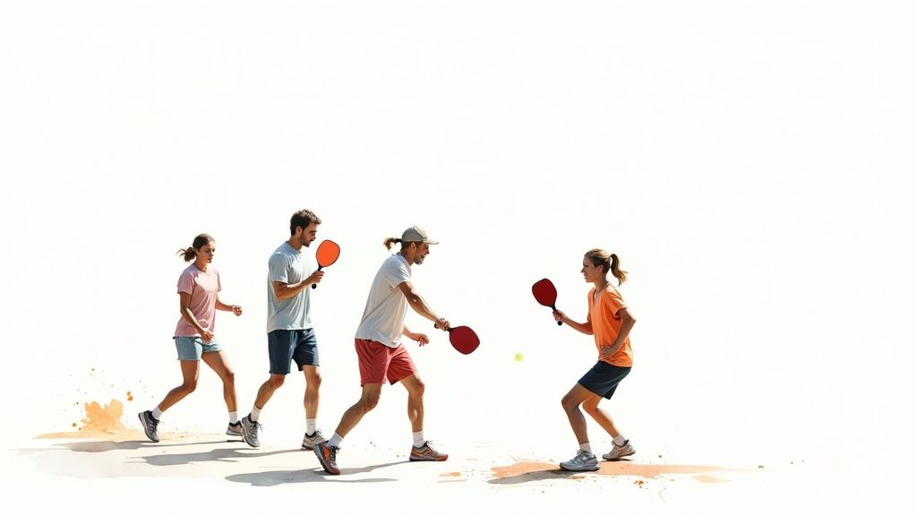 A group of four people learning pickleball from an instructor on a court.