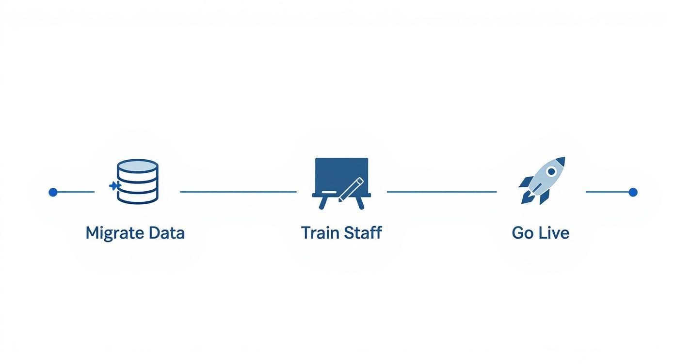 Three-step implementation process showing migrate data, train staff, and go live phases with icons
