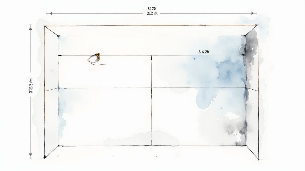 An empty squash court highlighting the distinct red lines on the floor and walls