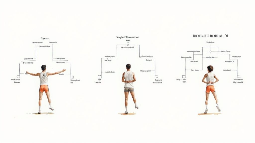 A basketball player jumping to score with a tournament bracket overlay.