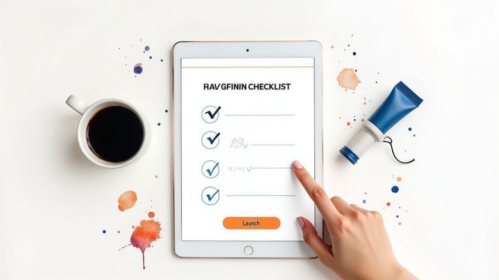 A person holding a phone showing a fitness app, with a laptop in the background displaying a launch checklist.