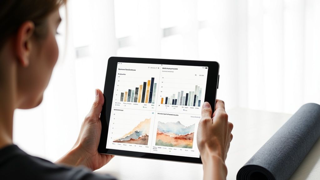 Yoga studio owner analyzing data on a laptop.