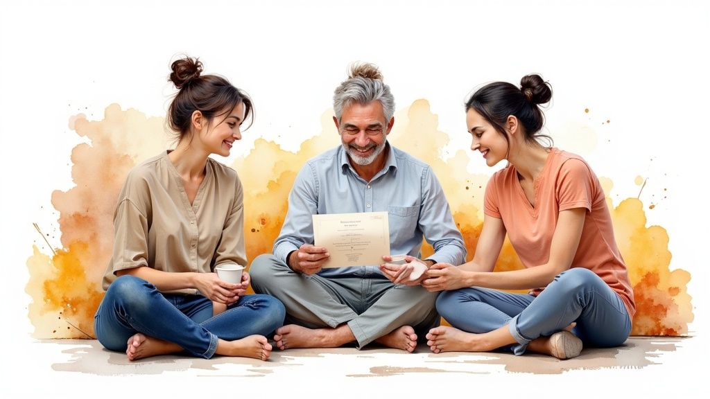 A group of yoga instructors smiling and talking together in a studio setting, fostering community.