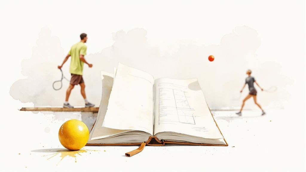 A group of pickleball players laughing and socializing on a court.